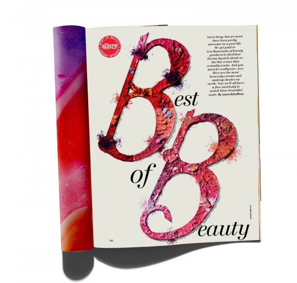 A magazine page with the words best of beauty written on it with swatches of makeup